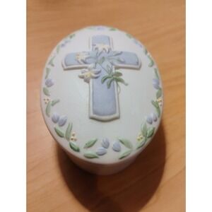 Vintage GEORGE GOOD Cross Pretty Trinket Covered Dish with Cross 4.5" Porcelain
